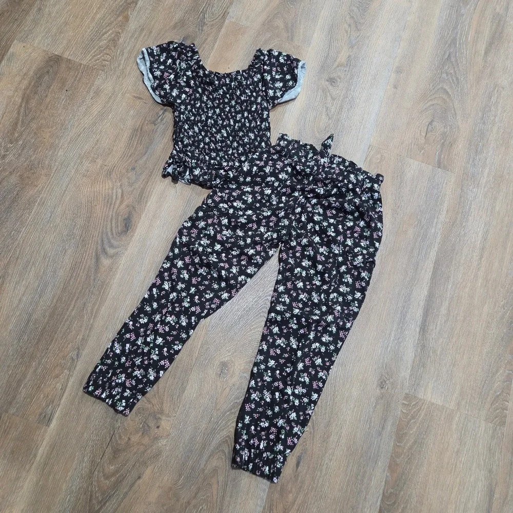 Lemon Kiss Girls 2 Piece Floral Smocked Top and Paperbag Pants Set Black 6X